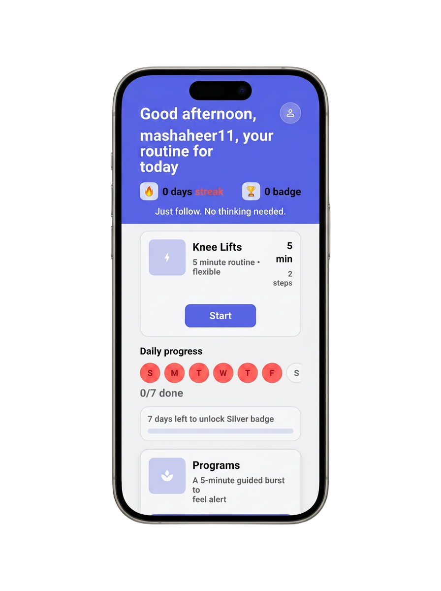 ActionFlow mobile app showing a 1 minute daily session